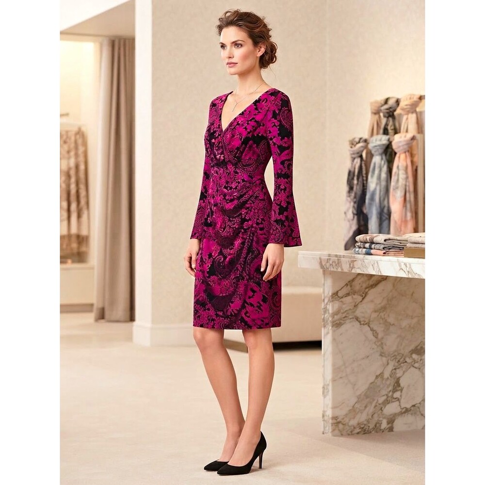Anne Klein Black Red and Black Paisley V-Neck And Bell Sleeve Sheath Dress